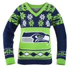 Forever Collectibles Seattle Seahawks NFL Women's Big Logo V-Neck Ugly Christmas Sweater